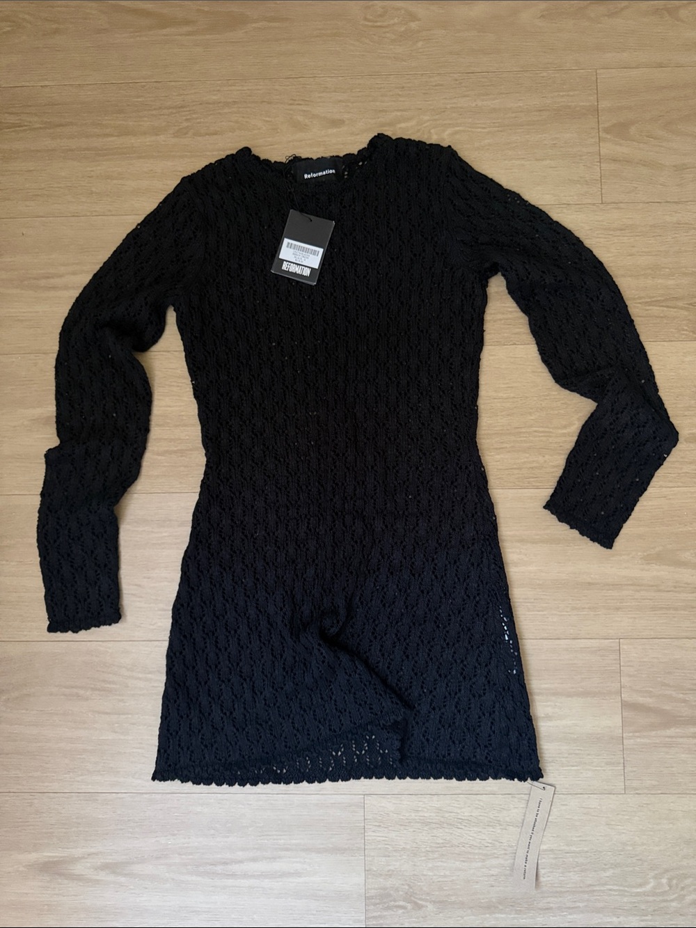 Reformation Birkin Crochet Open Knit Long Sleeve Black Mini Dress